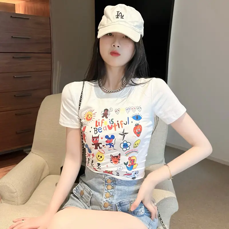 2025 Summer Printed Short Sleeve T-Shirt White - Image 3