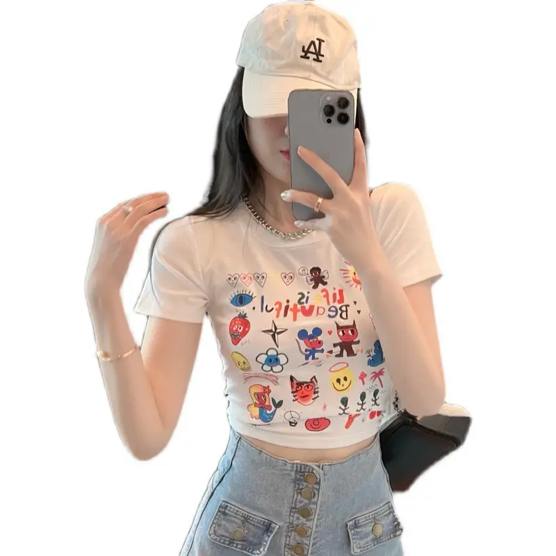 2025 Summer Printed Short Sleeve T-Shirt White - Image 5