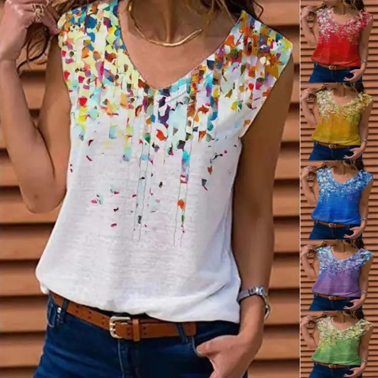 Red Floral Sleeveless T-Shirt for Women - Image 10