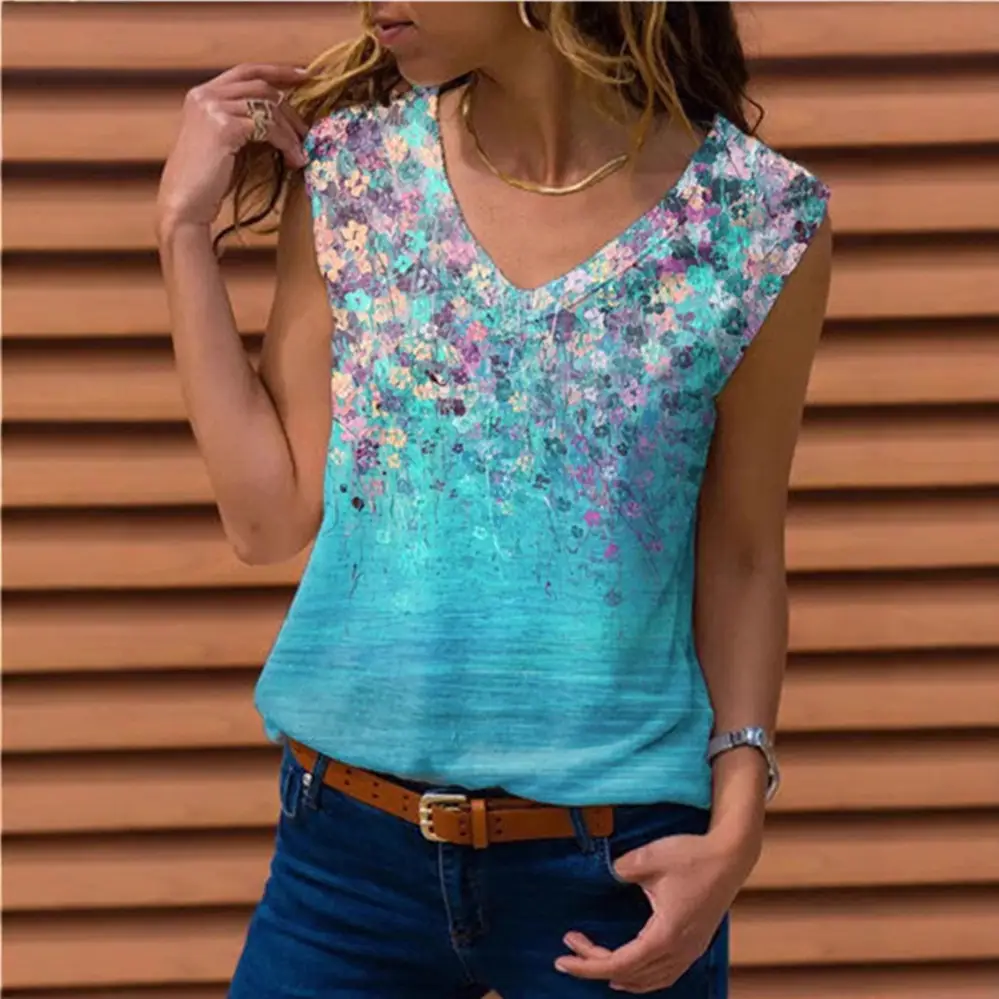 Red Floral Sleeveless T-Shirt for Women - Image 11