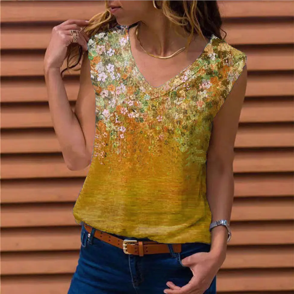 Red Floral Sleeveless T-Shirt for Women - Image 12