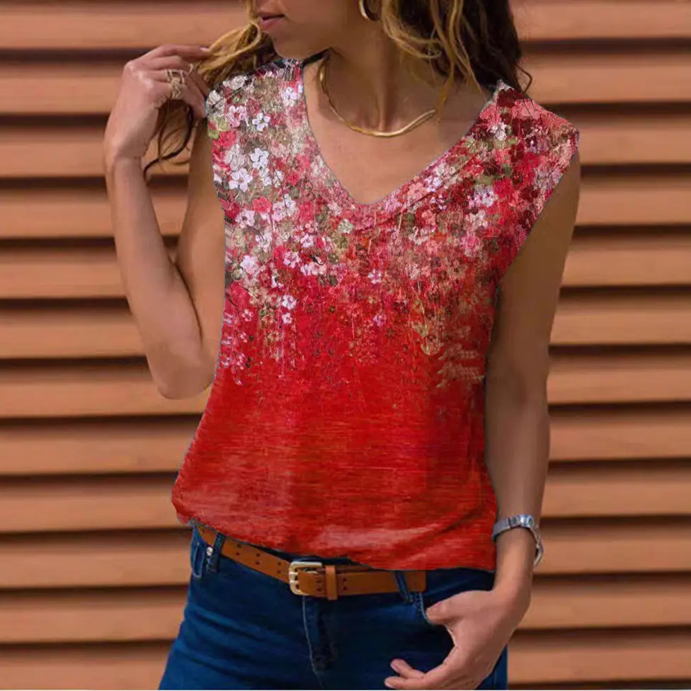 Red Floral Sleeveless T-Shirt for Women - Image 13