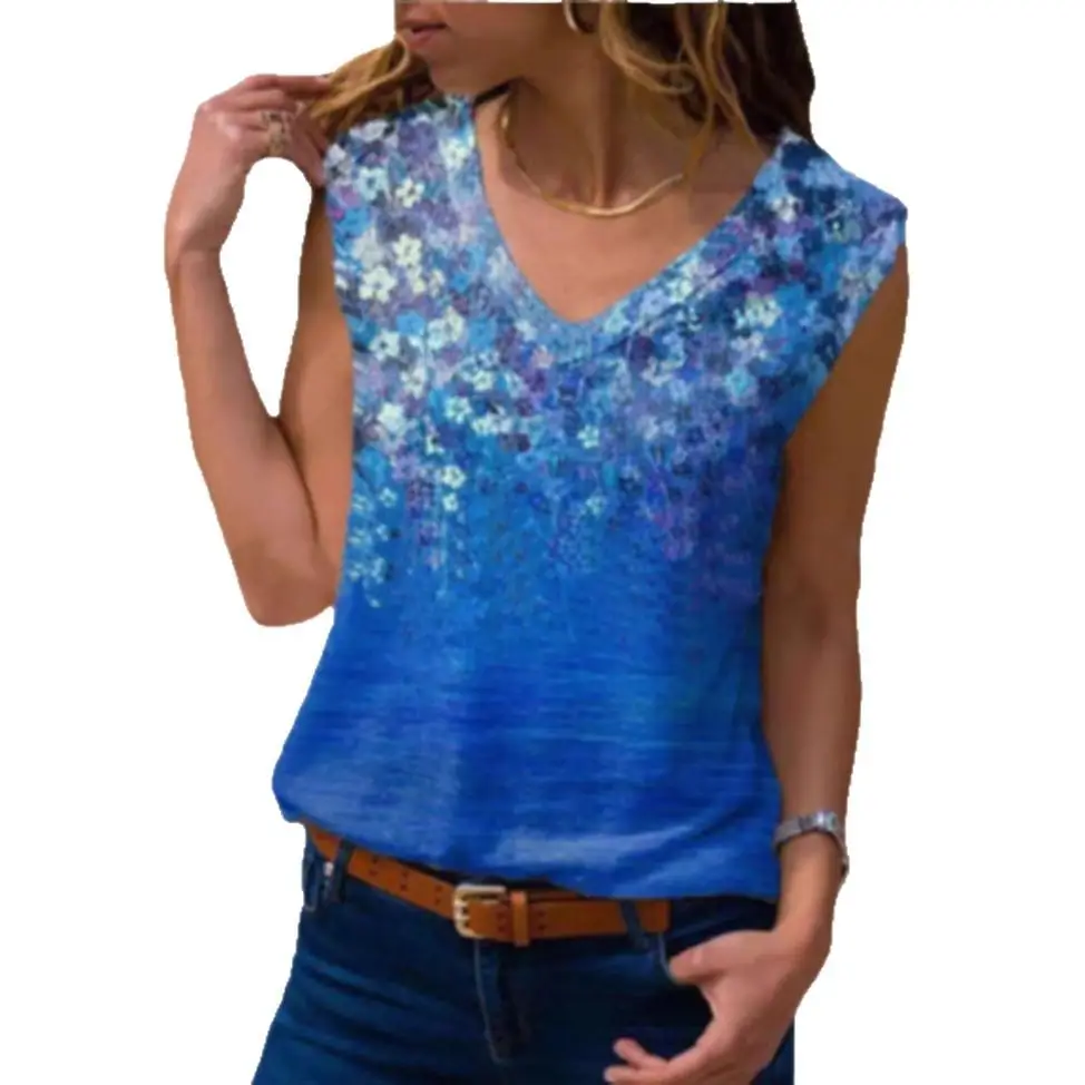 Red Floral Sleeveless T-Shirt for Women - Image 14