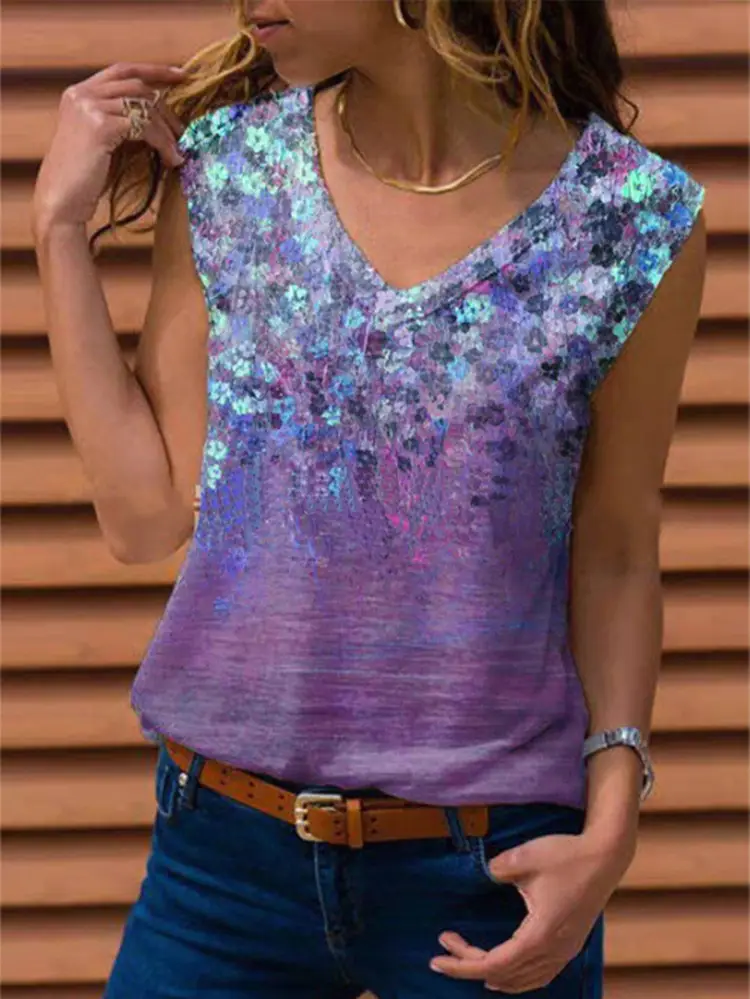 Red Floral Sleeveless T-Shirt for Women - Image 2