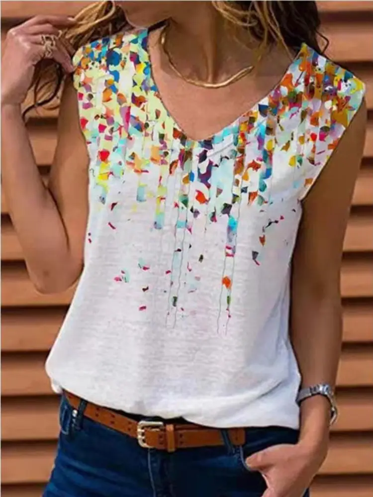 Red Floral Sleeveless T-Shirt for Women - Image 5