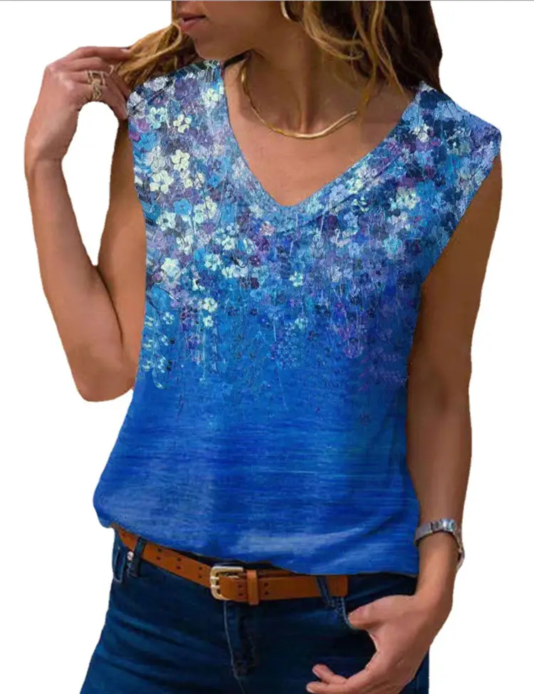 Red Floral Sleeveless T-Shirt for Women - Image 6