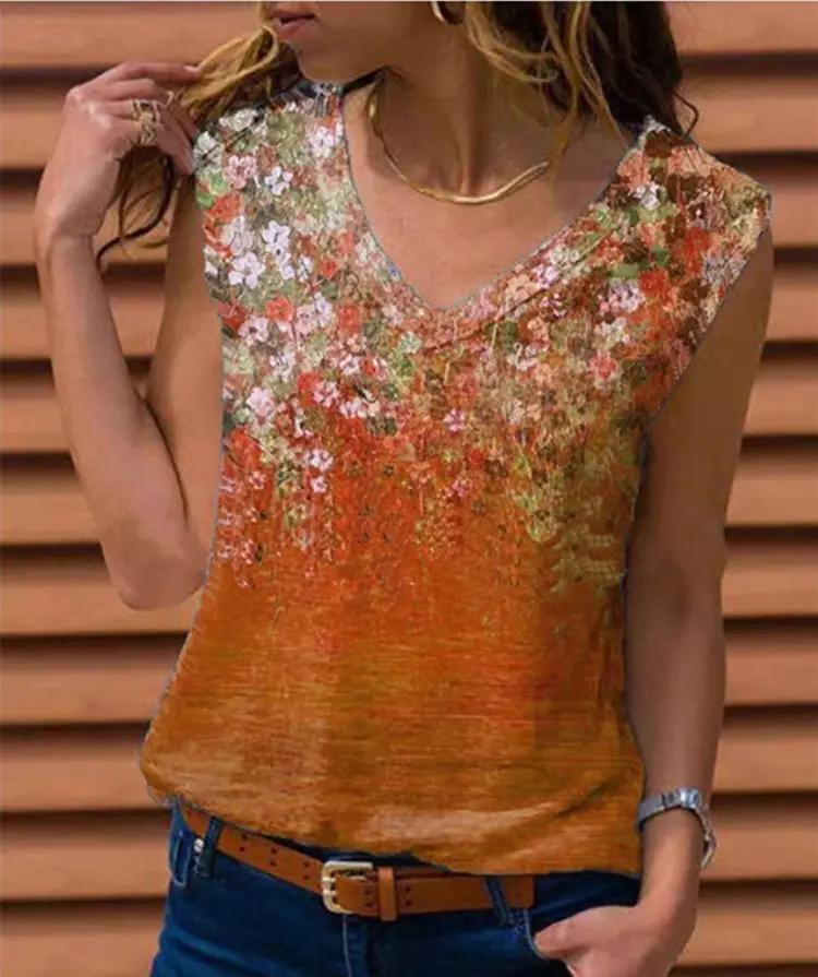 Red Floral Sleeveless T-Shirt for Women - Image 8
