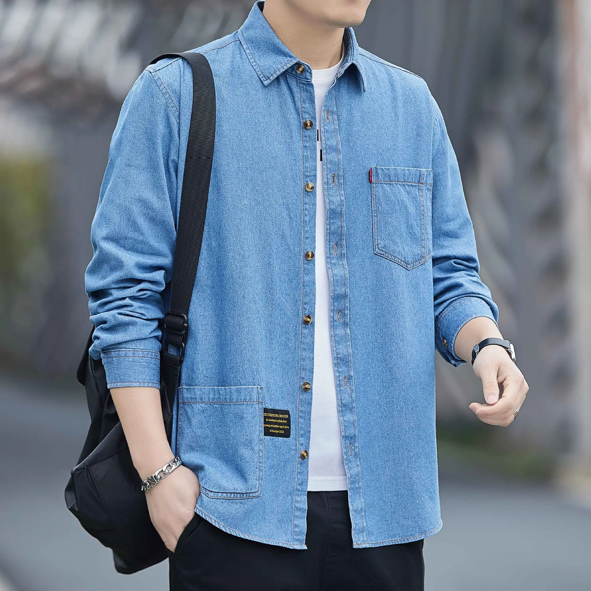 Men's Blue Denim Long Sleeve Shirt Hong Kong Style Casual Wear - Image 3