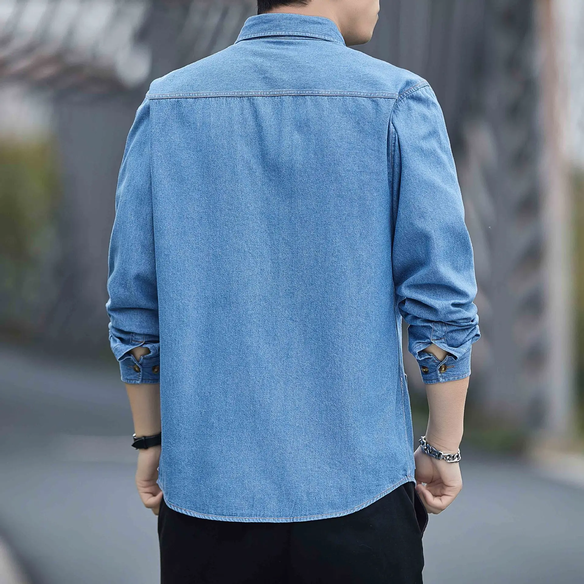 Men's Blue Denim Long Sleeve Shirt Hong Kong Style Casual Wear - Image 4