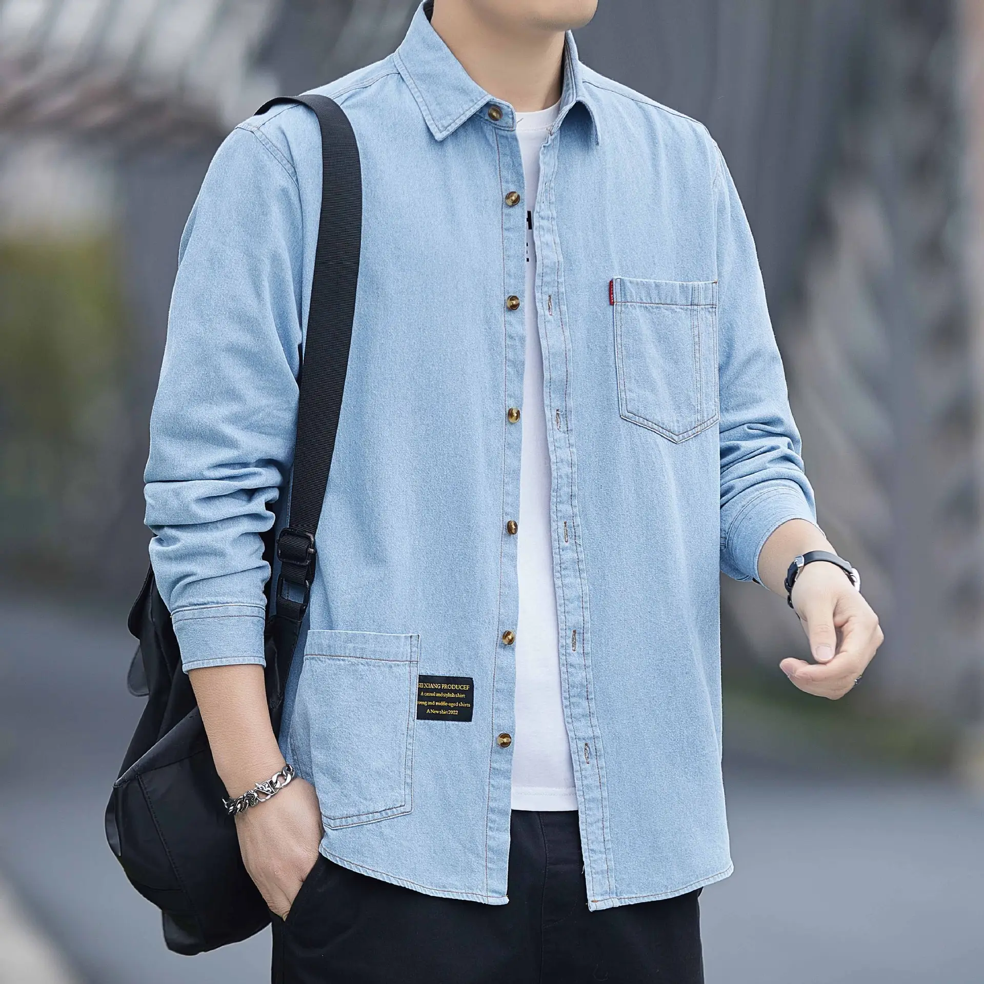 Men's Blue Denim Long Sleeve Shirt Hong Kong Style Casual Wear - Image 5