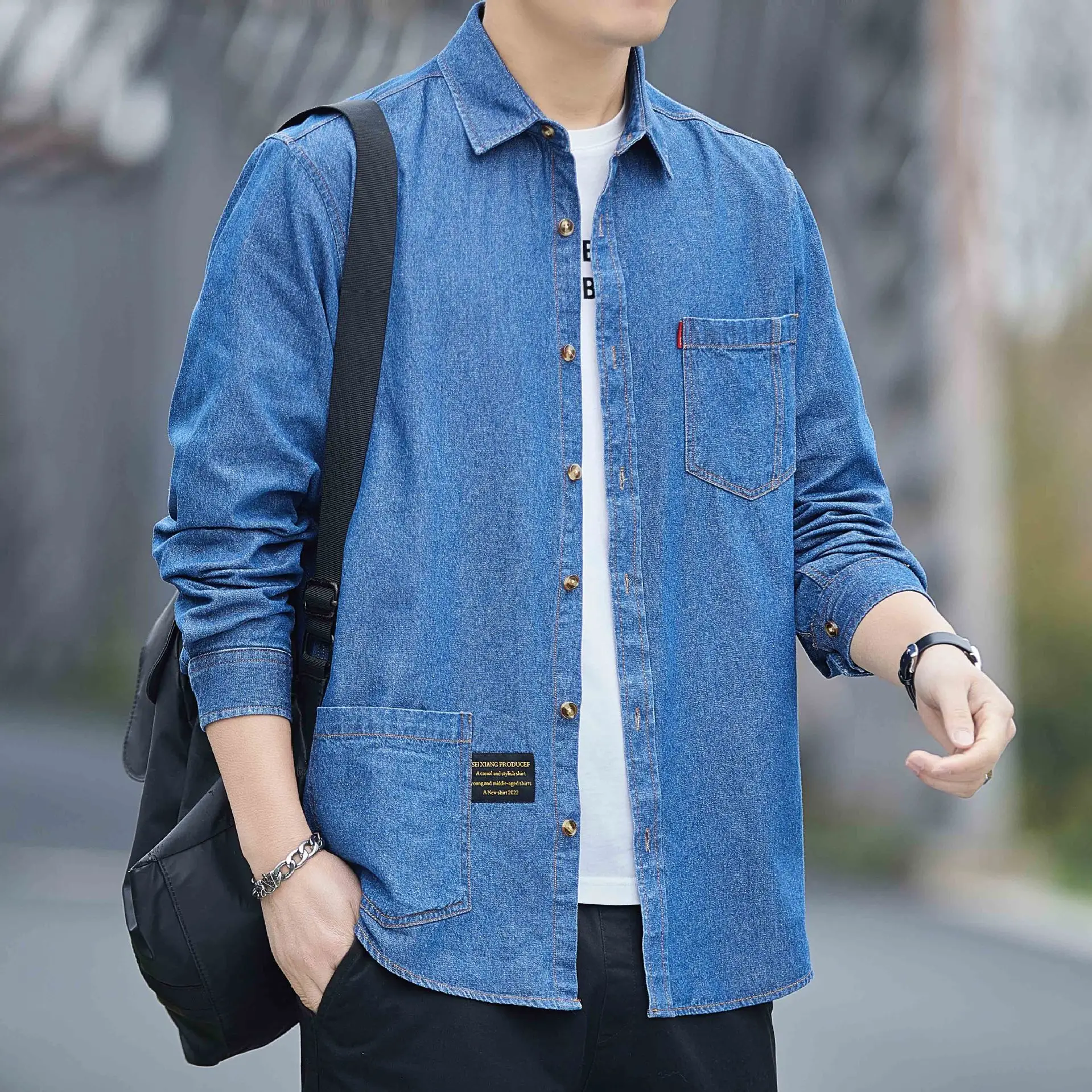 Men's Blue Denim Long Sleeve Shirt Hong Kong Style Casual Wear - Image 6