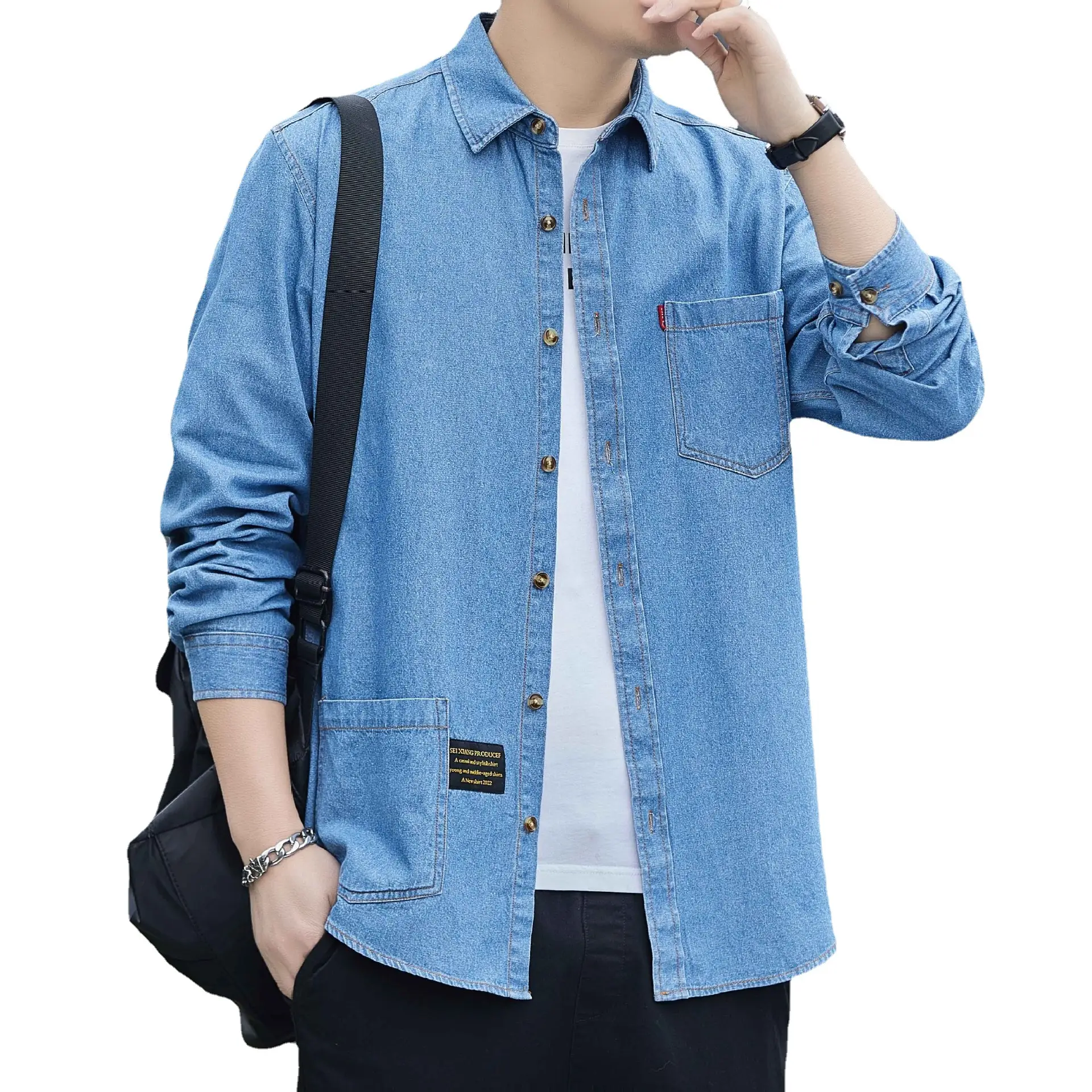 Men's Blue Denim Long Sleeve Shirt Hong Kong Style Casual Wear - Image 7