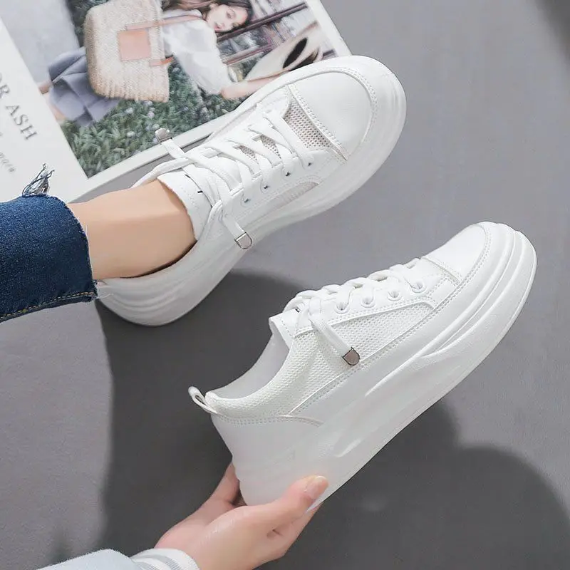 White Korean-style Women's Platform Sneakers - Image 3