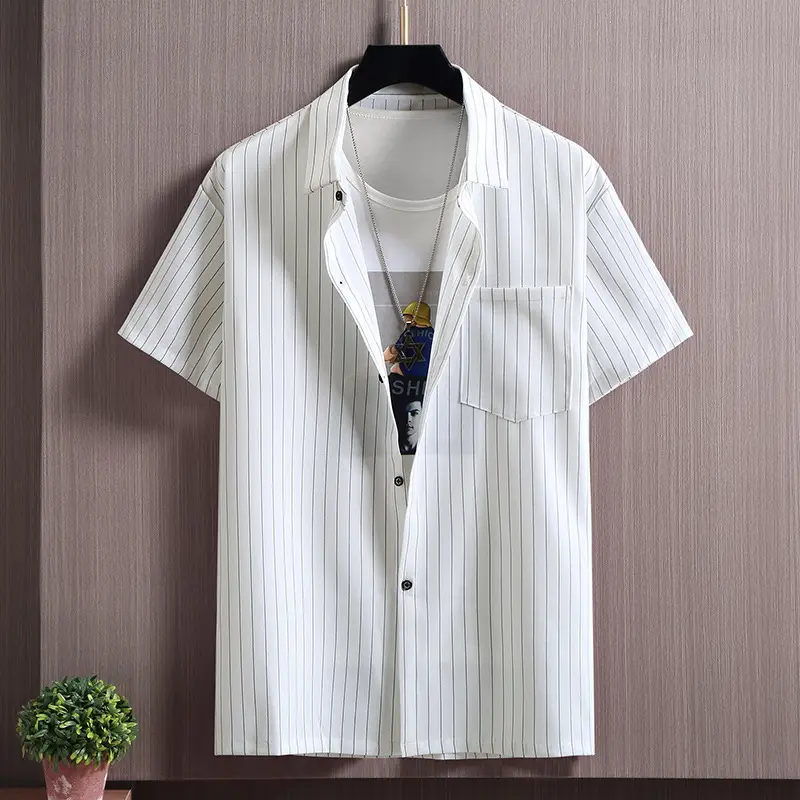 Summer Plus Size Men Vertical Striped Shirt Loose Fit - Image 5