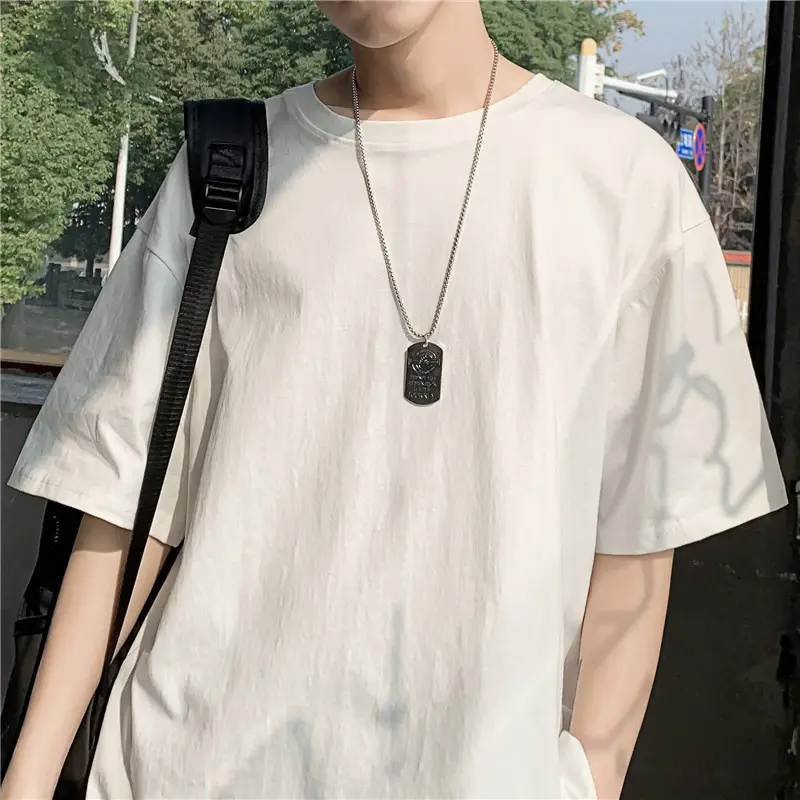2024 Summer Men Black Round Neck T-Shirt Loose Fit - Image 3