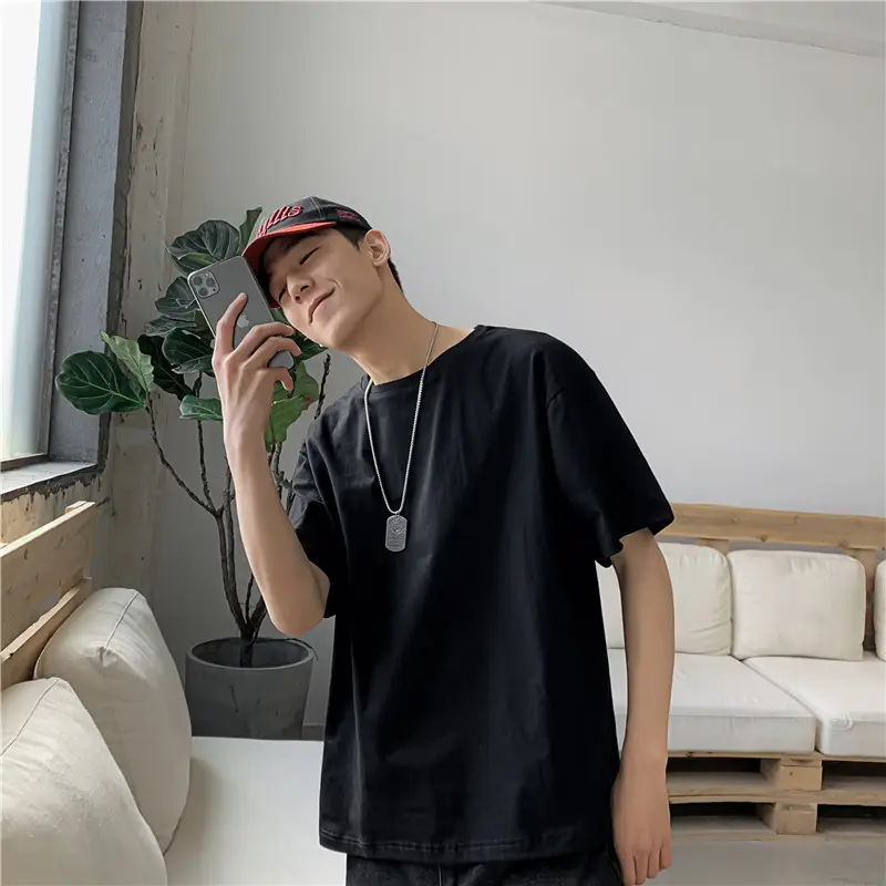 2024 Summer Men Black Round Neck T-Shirt Loose Fit - Image 4