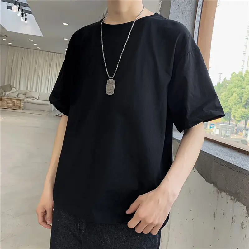 2024 Summer Men Black Round Neck T-Shirt Loose Fit - Image 2