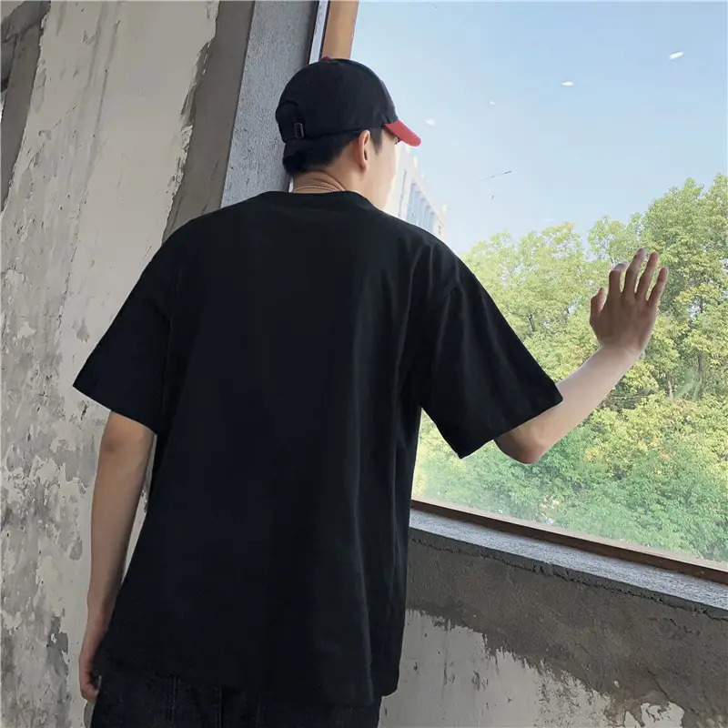2024 Summer Men Black Round Neck T-Shirt Loose Fit - Image 5