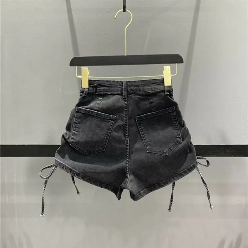 Women Drawstring Denim Shorts Black High Waist Stretch - Image 4
