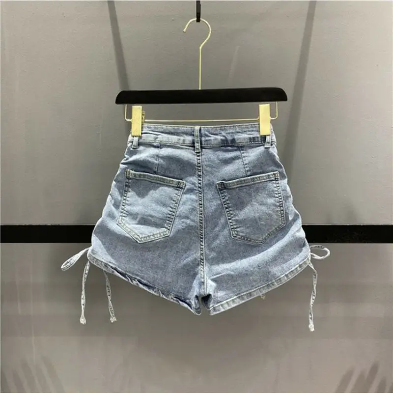 Women Drawstring Denim Shorts Black High Waist Stretch - Image 5