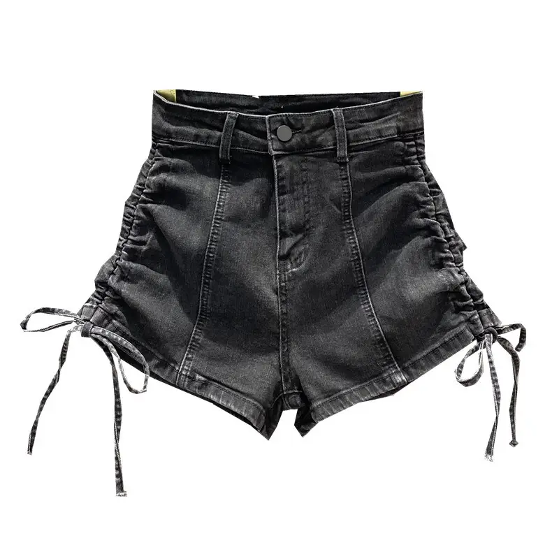 Women Drawstring Denim Shorts Black High Waist Stretch - Image 6