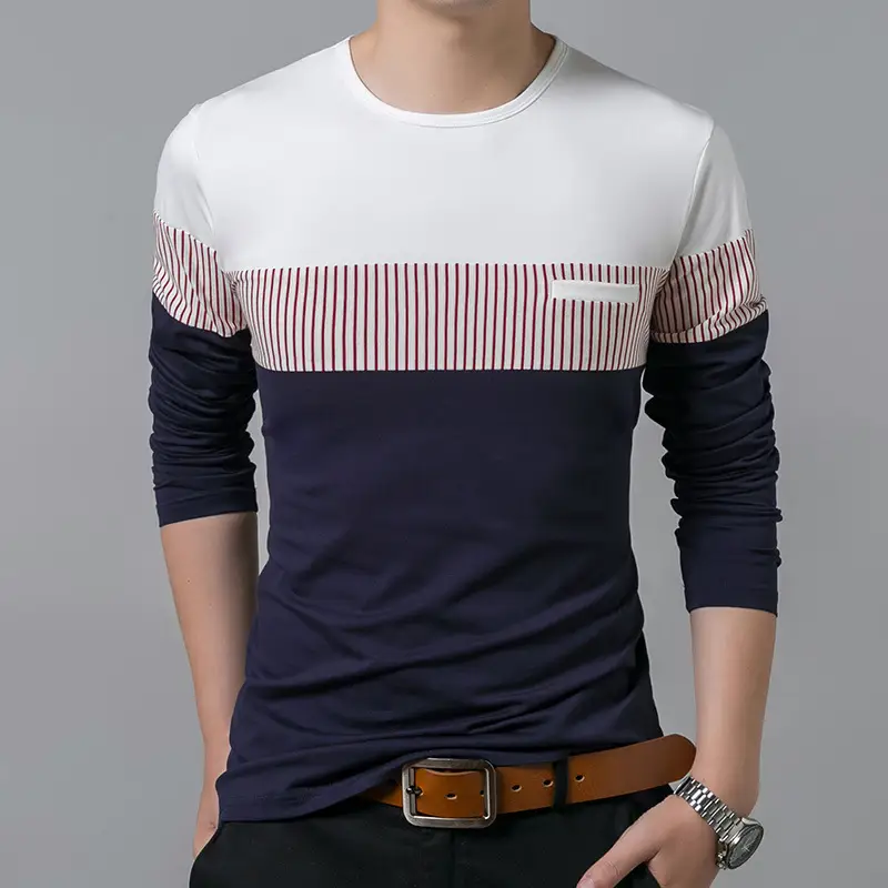 Men's Long Sleeve Striped Cotton T-Shirt Navy White - Image 3