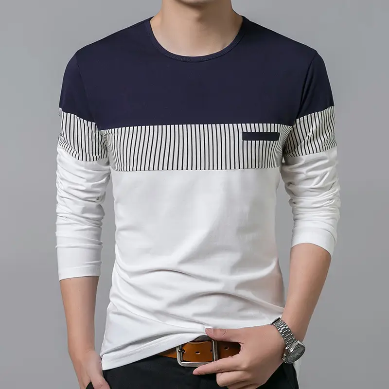 Men's Long Sleeve Striped Cotton T-Shirt Navy White - Image 4