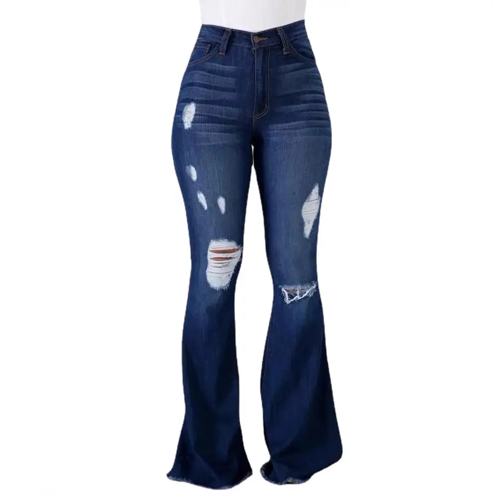 Stretch Ripped Jeans High Waist Flared Trousers - Image 6