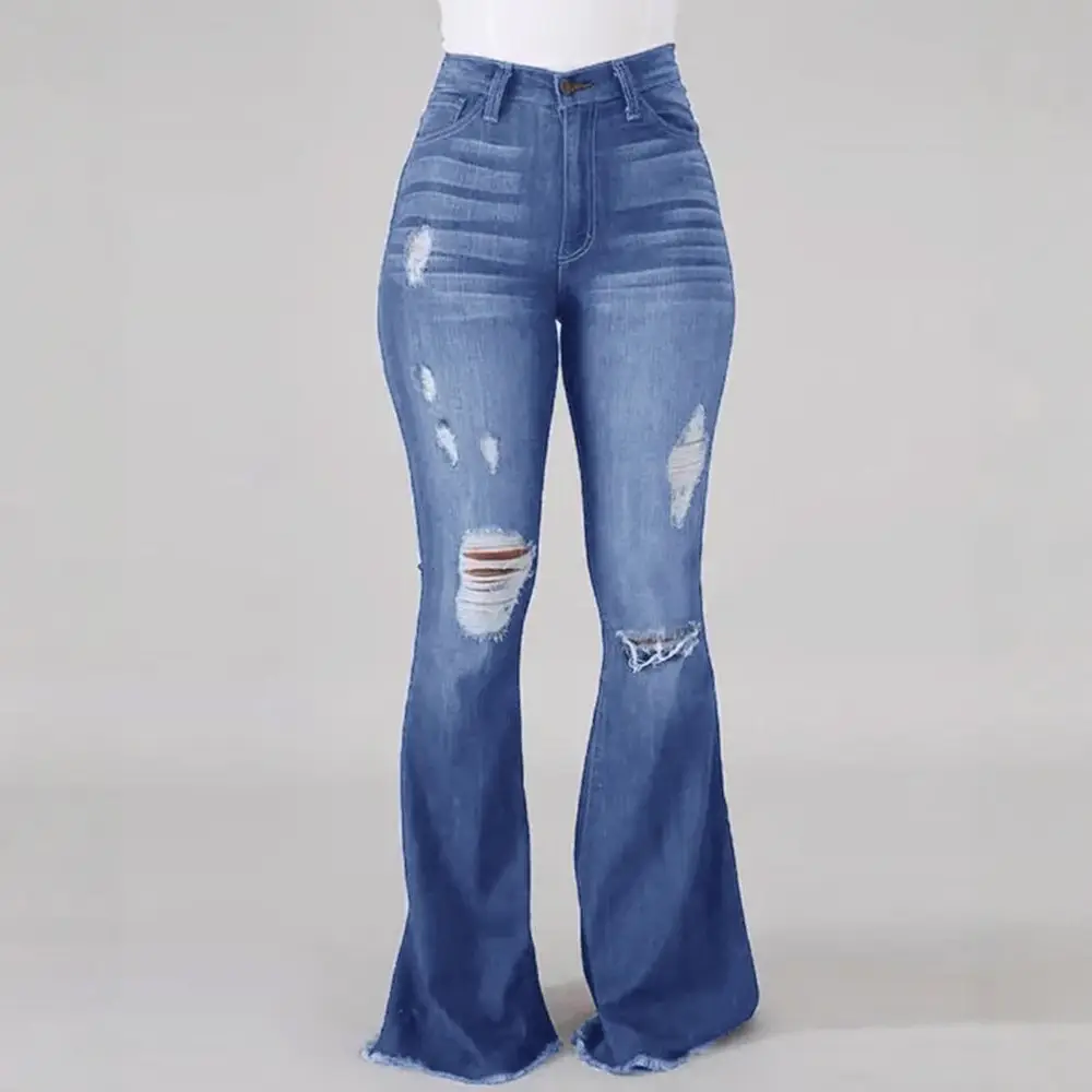 Stretch Ripped Jeans High Waist Flared Trousers - Image 7