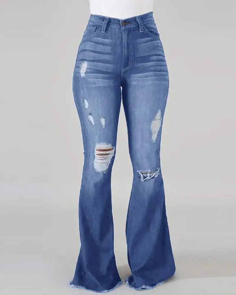 Stretch Ripped Jeans High Waist Flared Trousers - Image 2