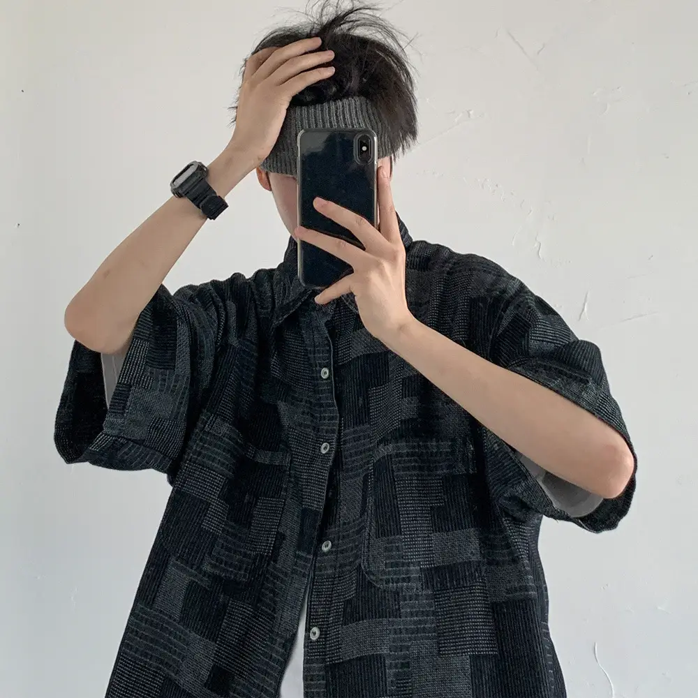 Vintage Plaid Denim Shirt Men's Japanese Style Short Sleeve - Image 3