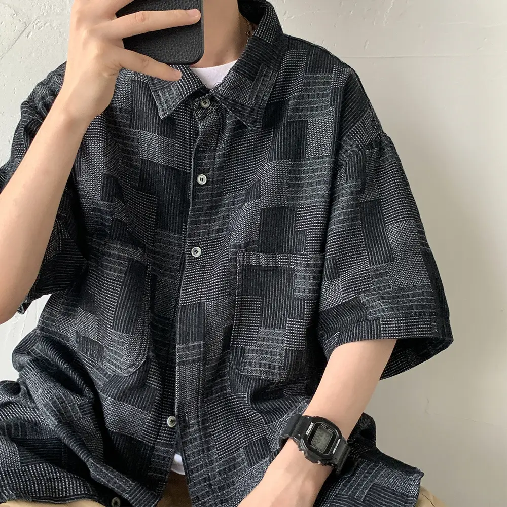 Vintage Plaid Denim Shirt Men's Japanese Style Short Sleeve - Image 4