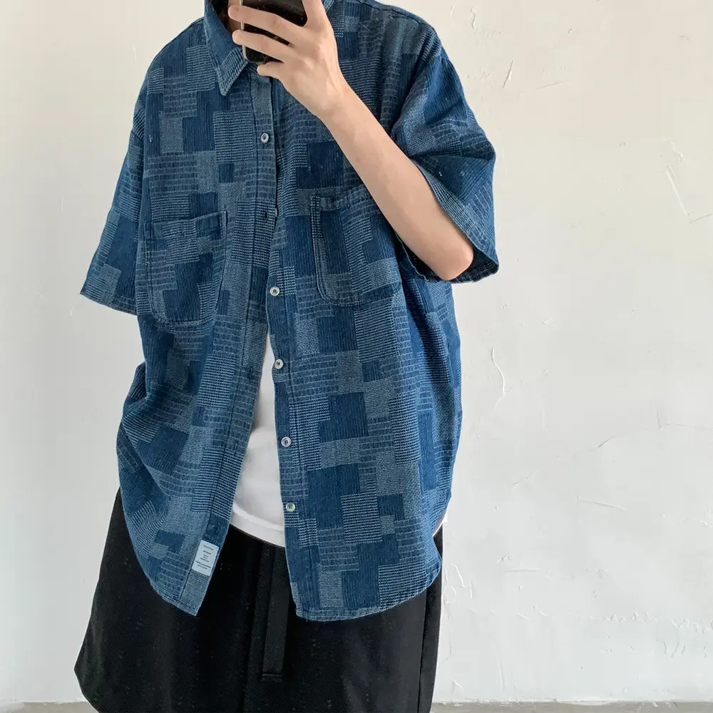 Vintage Plaid Denim Shirt Men's Japanese Style Short Sleeve - Image 5