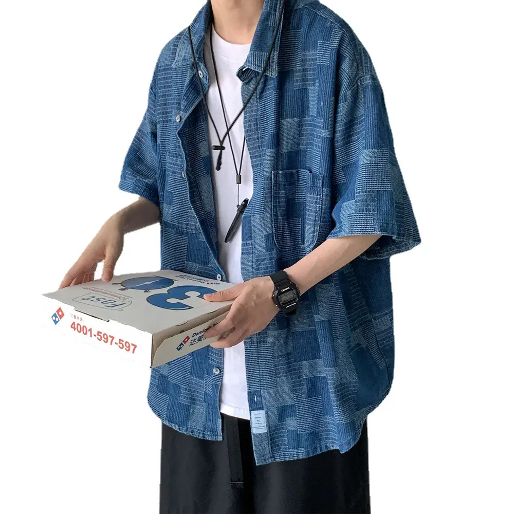 Vintage Plaid Denim Shirt Men's Japanese Style Short Sleeve - Image 6