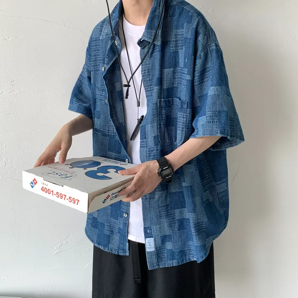 Vintage Plaid Denim Shirt Men's Japanese Style Short Sleeve - Image 2