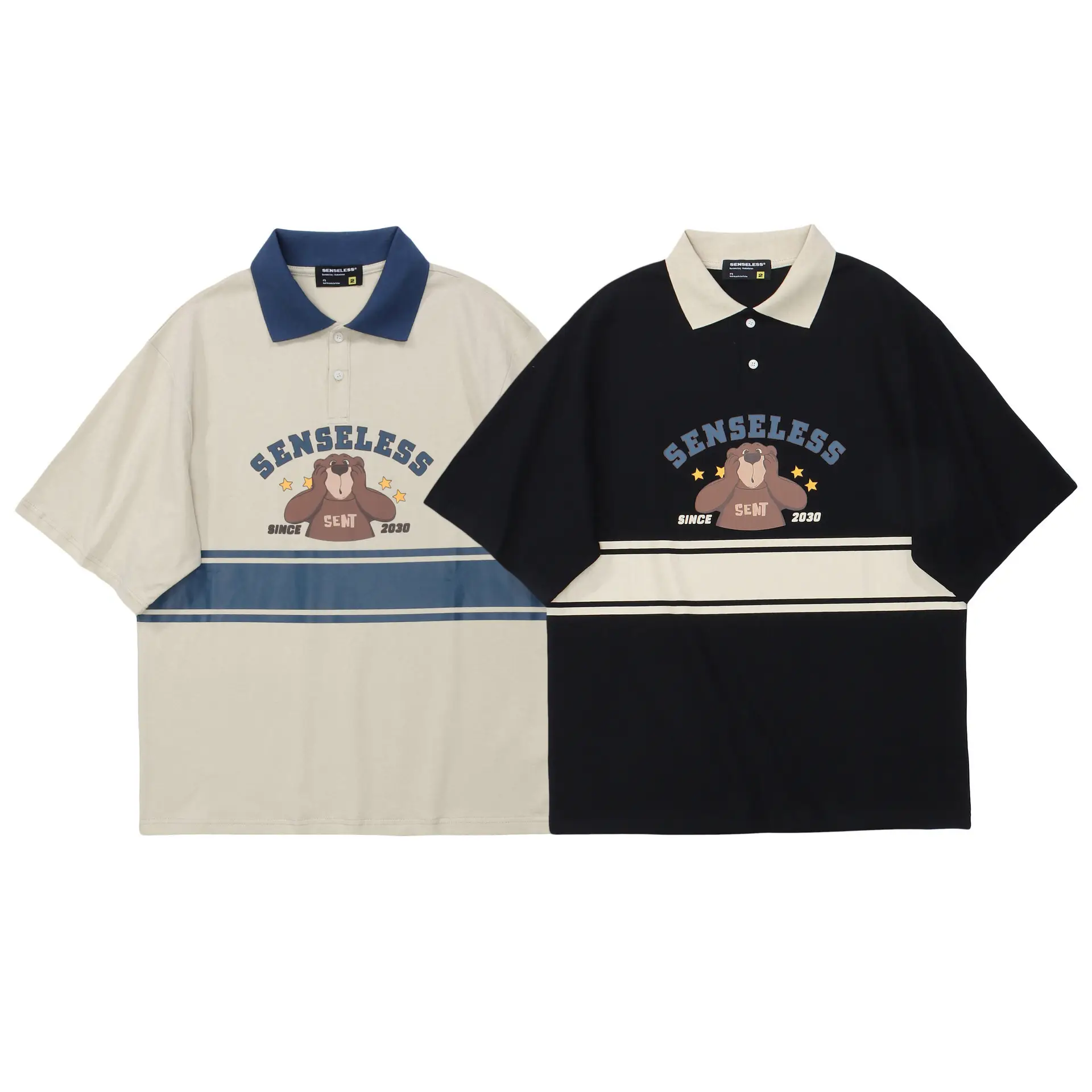 Men's Japanese Retro Bear Print Polo T-Shirt Cream Blue