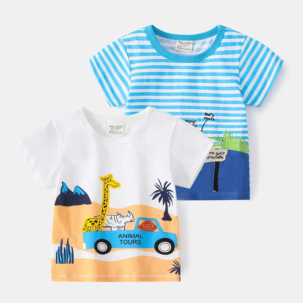 2023 Kids Cotton Striped T-Shirt Blue White Baby Cartoon