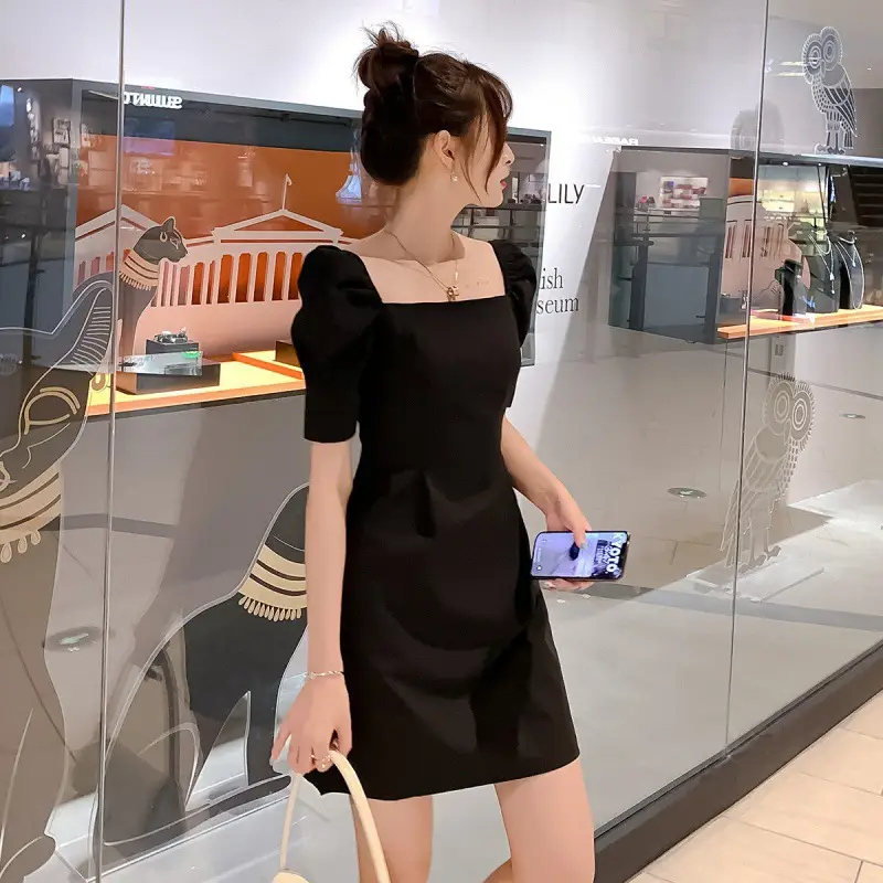 Black Slim Fit Puff Sleeve Dress for Women 2025 - Image 6