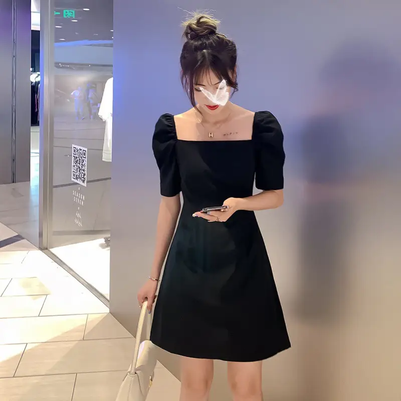 Black Slim Fit Puff Sleeve Dress for Women 2025 - Image 7