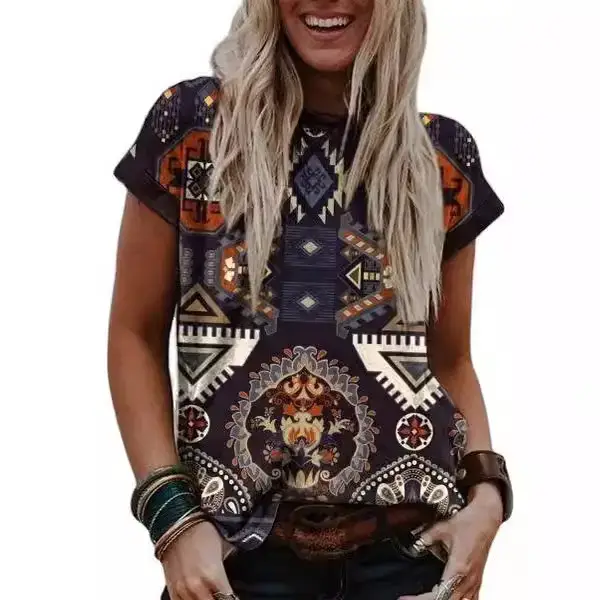 Women's Printed Short Sleeve T-Shirt Western Retro Ethnic Style - Image 7