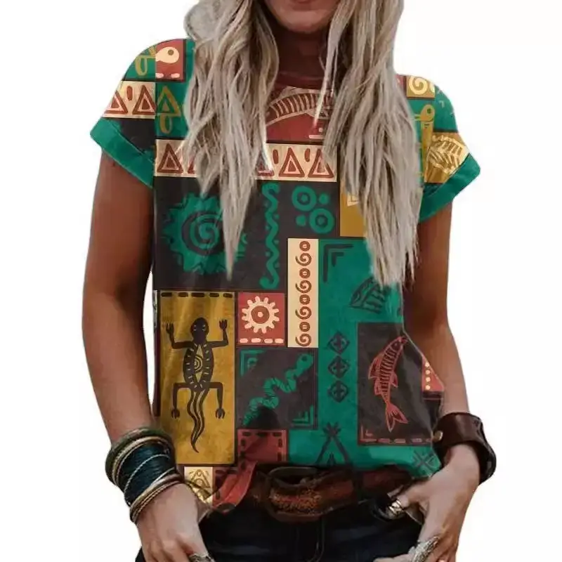 Women's Printed Short Sleeve T-Shirt Western Retro Ethnic Style - Image 8