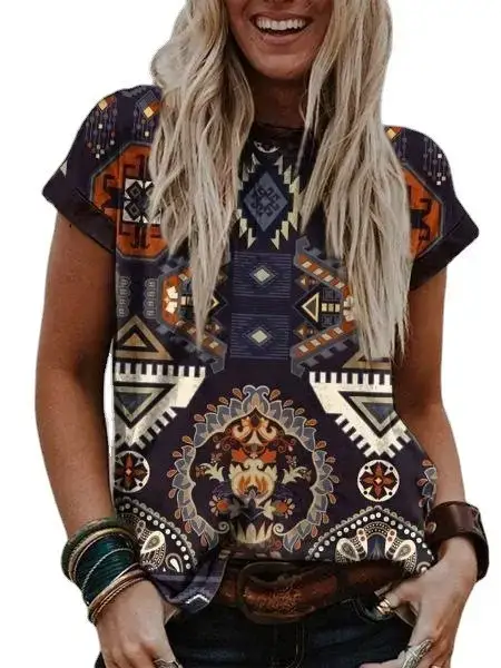 Women's Printed Short Sleeve T-Shirt Western Retro Ethnic Style - Image 3