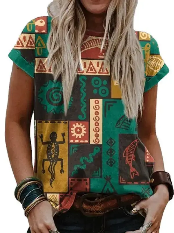 Women's Printed Short Sleeve T-Shirt Western Retro Ethnic Style - Image 4