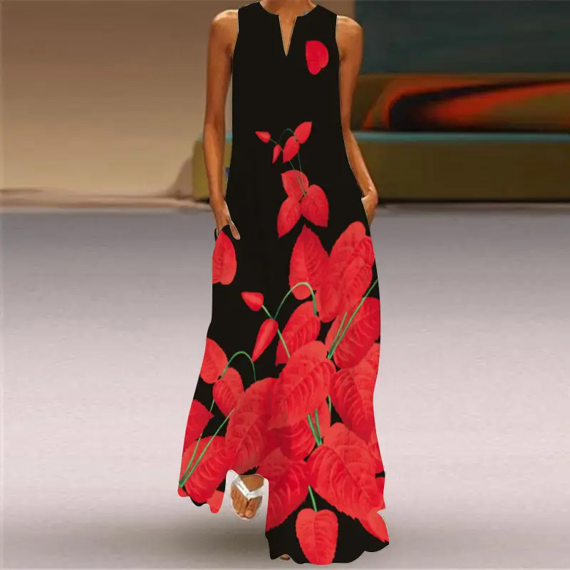 2022 V-Neck Sleeveless Long Dress Rose Print - Image 14