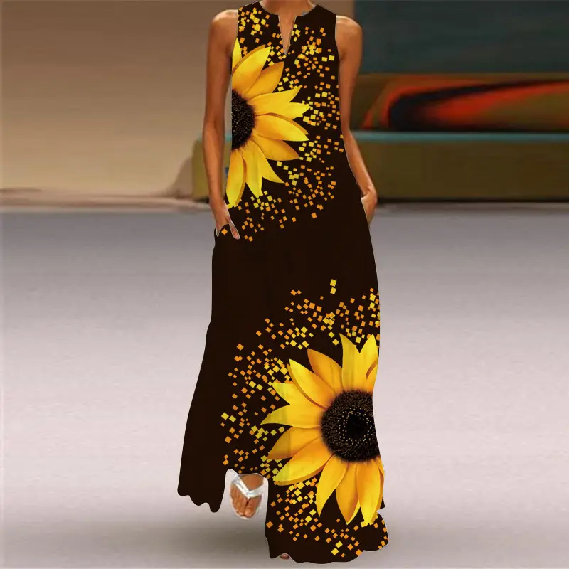 2022 V-Neck Sleeveless Long Dress Rose Print - Image 15