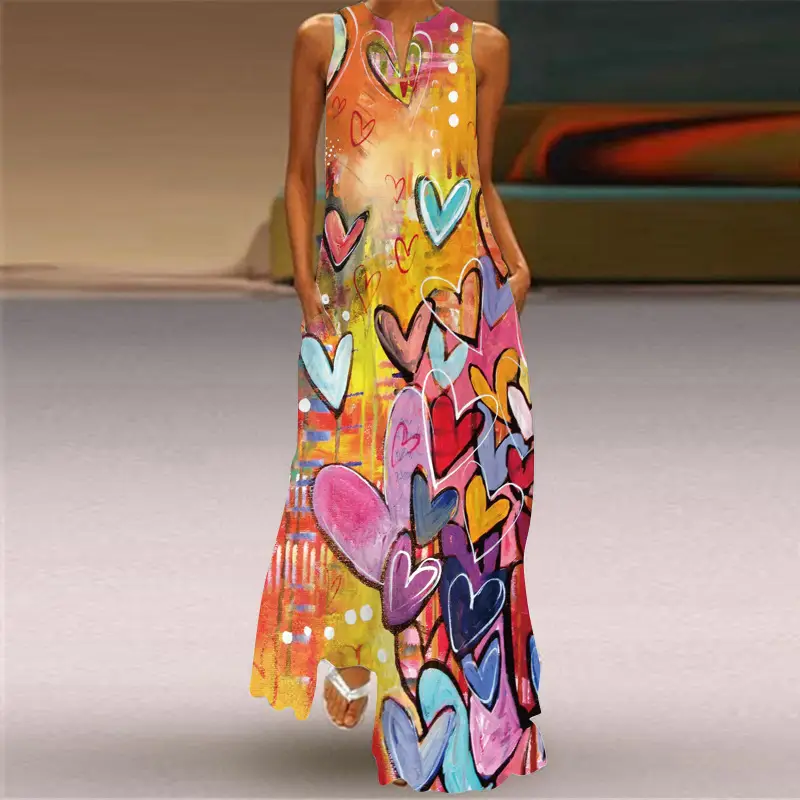 2022 V-Neck Sleeveless Long Dress Rose Print — feature 2