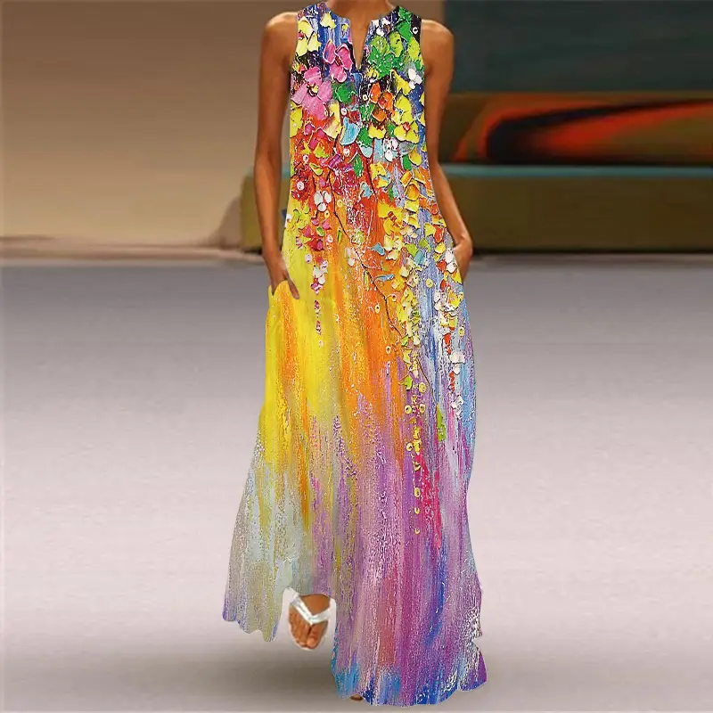 2022 V-Neck Sleeveless Long Dress Rose Print — feature 4
