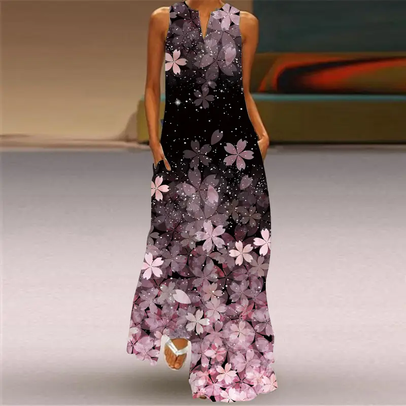 2022 V-Neck Sleeveless Long Dress Rose Print — feature 5