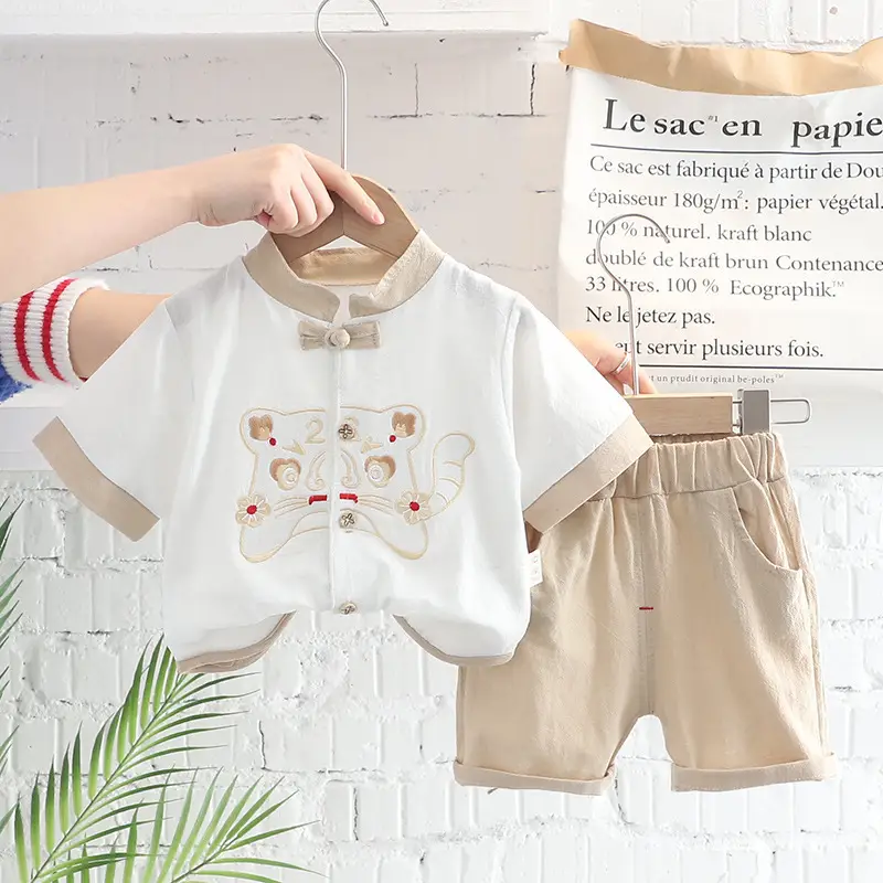 Boys Chinese Hanfu Cotton Linen Short Sleeve Ethnic Two-piece Set - Image 6