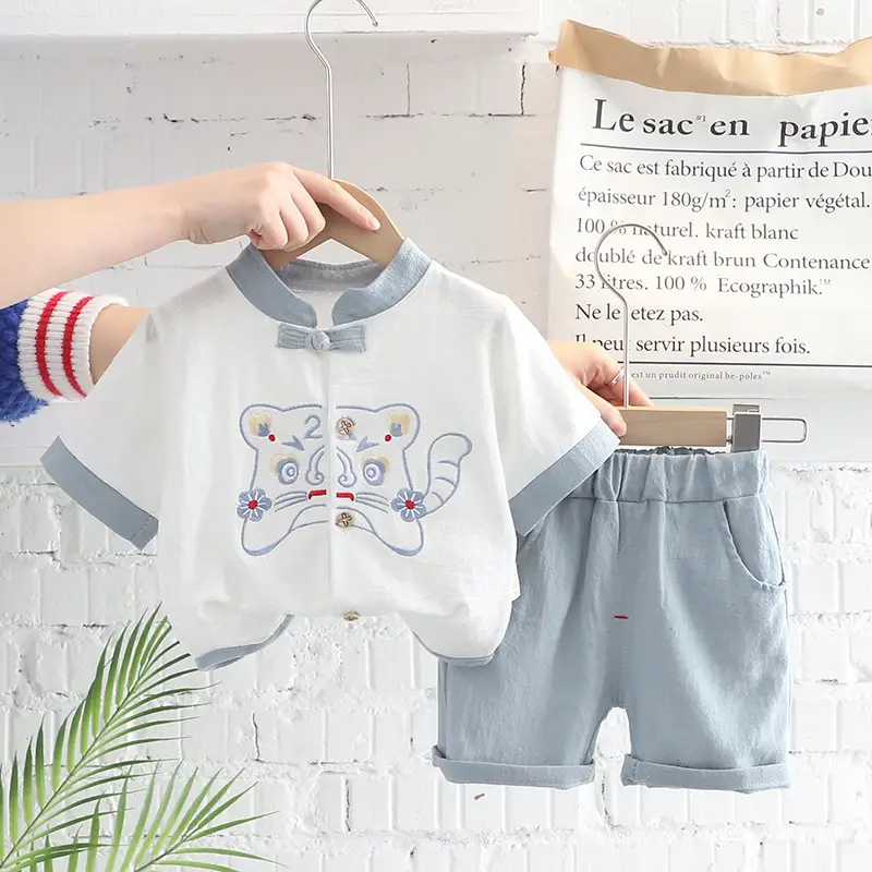 Boys Chinese Hanfu Cotton Linen Short Sleeve Ethnic Two-piece Set - Image 7